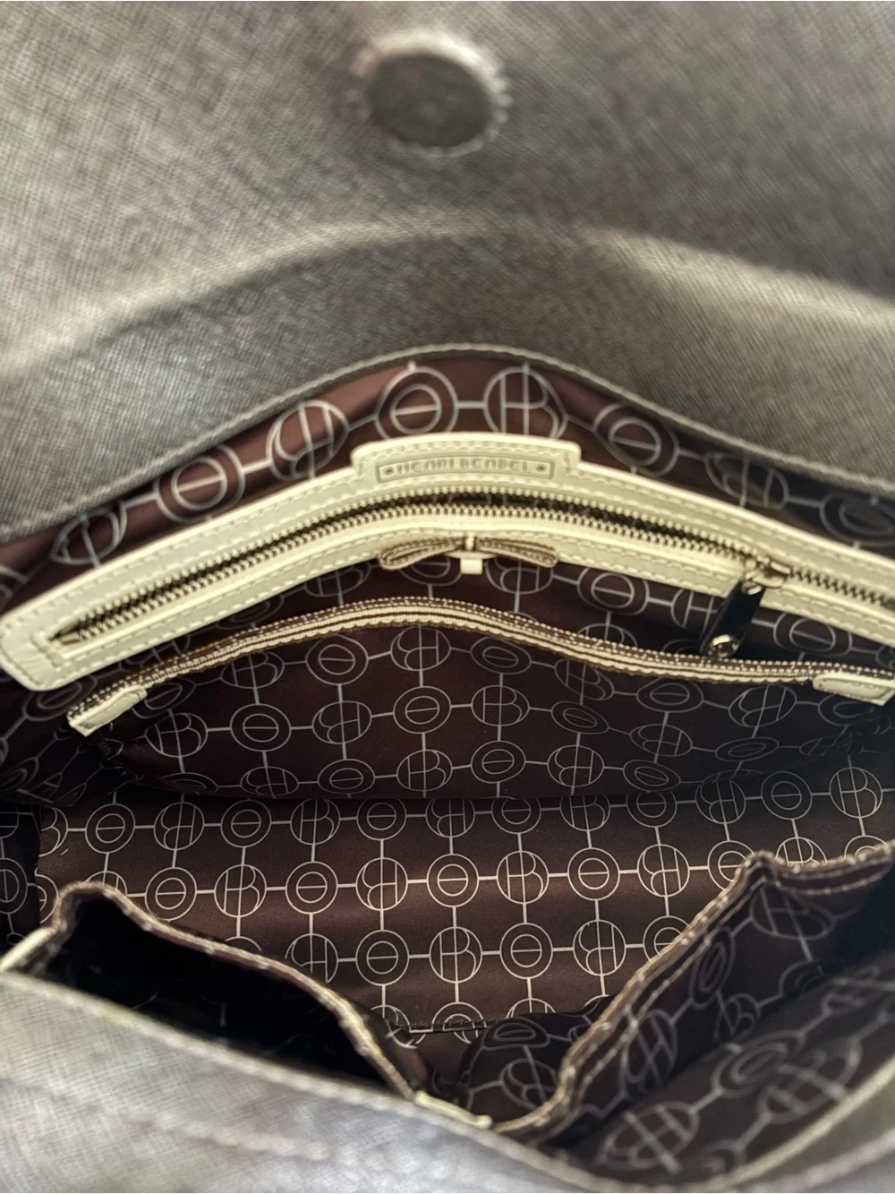 henri bendel Metallic Gray Leather Satchel with Logo Charm